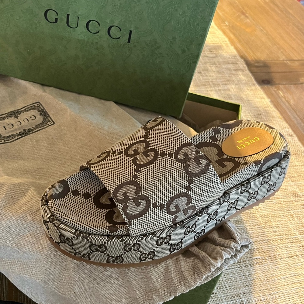Gucci Beige and Brown Monogram Platform Sandals